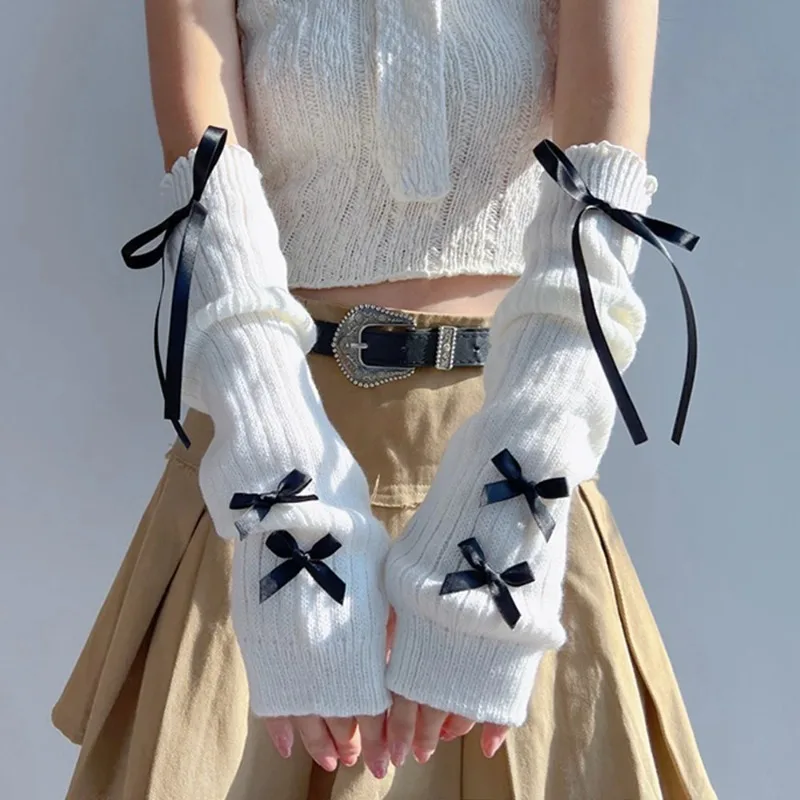 Women Fashion Gloves - أنثى Y2K موضة مدفئات للذراع Bowknot