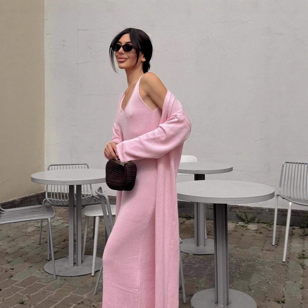 Longline Cardigan Knit - طقم فستان نسائي محبوك من قطعتين: