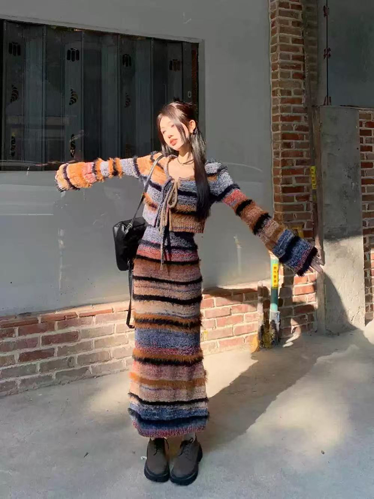 Longline Cardigan Knit - خمر مخطط سترة متماسكة مجموعة النساء